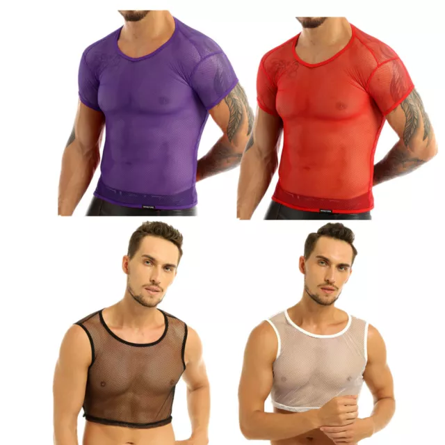 Mens Mesh Vest T Shirt Muscle Tank Top Leather Splice Gym Chest Harness  Shirts