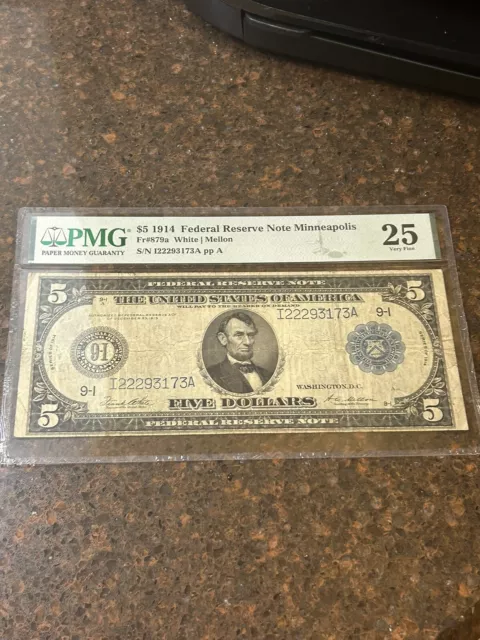 SASA 1914 $5 Federal Reserve Note Minneapolis Pmg Vf25