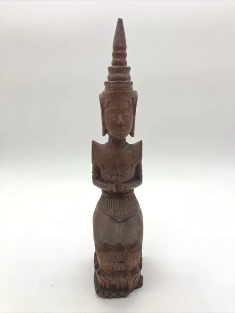 Vintage Wood Carving Art Thai Buddha Figure Kneeling and Praying 11.5"