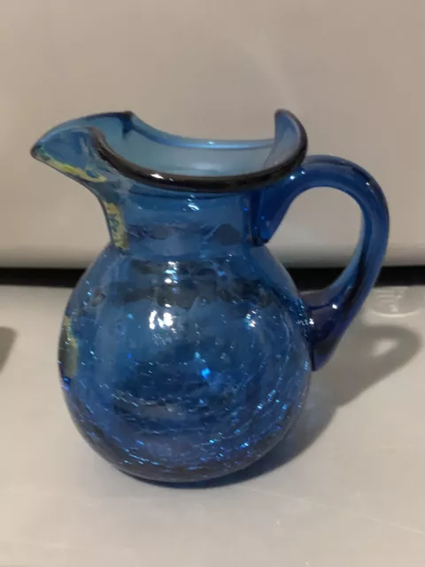 Beautiful 6” Tall Blue Crackle Glass Pitcher. Blown Glass