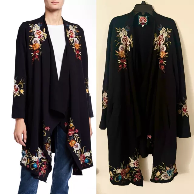 Johnny Was Isla Floral Embroidered Draped Cardigan Coat Black Sz L