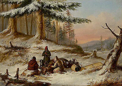 Moose Hunters Cornelius Krieghoff Jagen Jäger Wald Beute Elch Winter B A3 00148