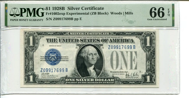 FR 1602exp Experimental 1928B $1 SILVER CERTIFICATE PMG 66 EPQ GEM UNCIRCULATED