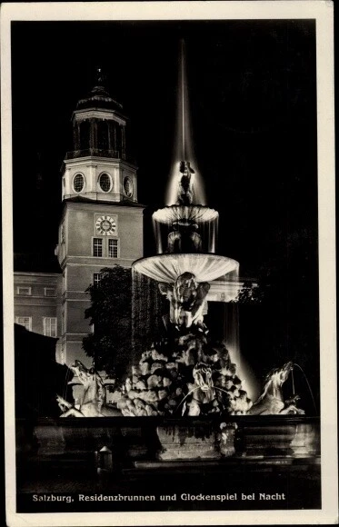 Ak Salzburg in Österreich, Residenzbrunnen, Glockenspiel, Nachtansicht - 2653096