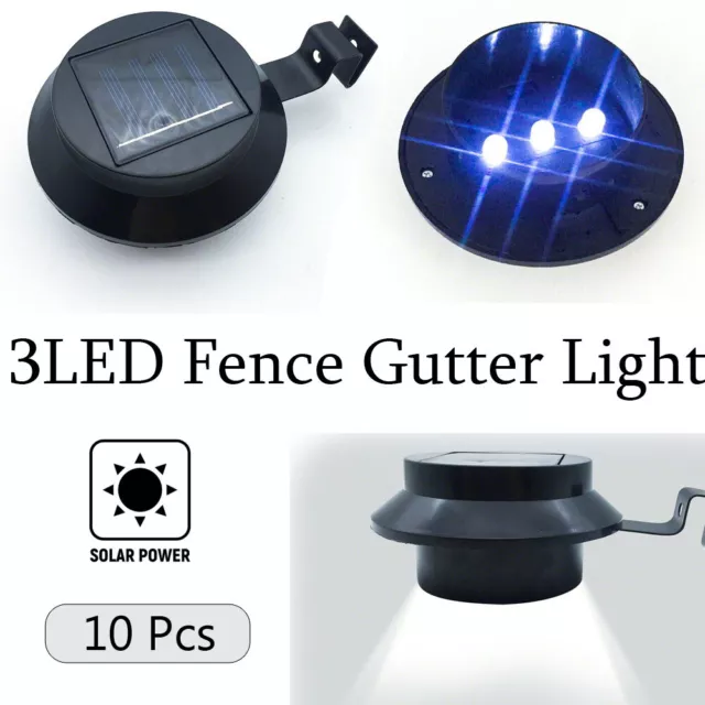 10x BLACK Solar Powered 3LED Fence Gutter Light Outdoor Garden Yard Pathway