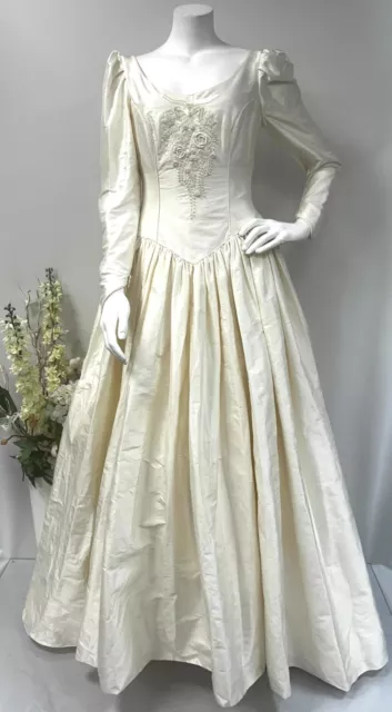 Vintage Wedding Dress Ivory  Raw Silk Size 12 A-Line Beaded Romantica of Devon