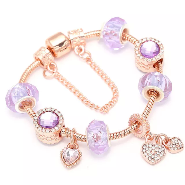 18K Rose Gold Plated Pink Crystal Heart Charm Bracelet Made With Crystal