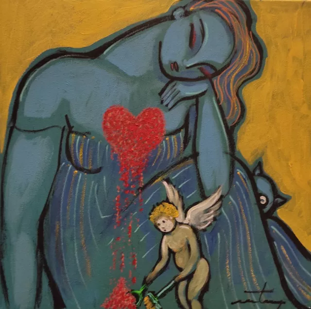 MARTINERY  cupidon a changé son arc pour une pelle et un balai..toile 40x40cm