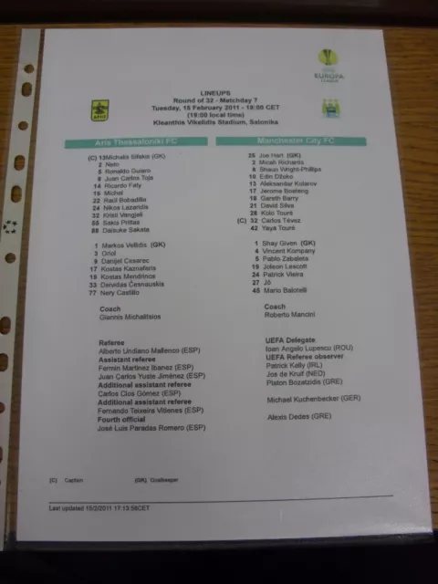 15/02/2011 Colour Teamsheet: Aris Thessaloniki v Manchester City [Europa League]