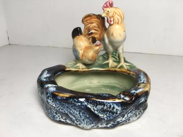 Art Pottery Glazed Ceramic Rooster Hen Ashtray Trinket Dish 5” Home Decor