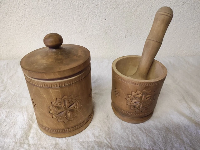 Mortier Pilon Ancien En Bois D’olivier Tourné – Vintage, Style Apothicaire
