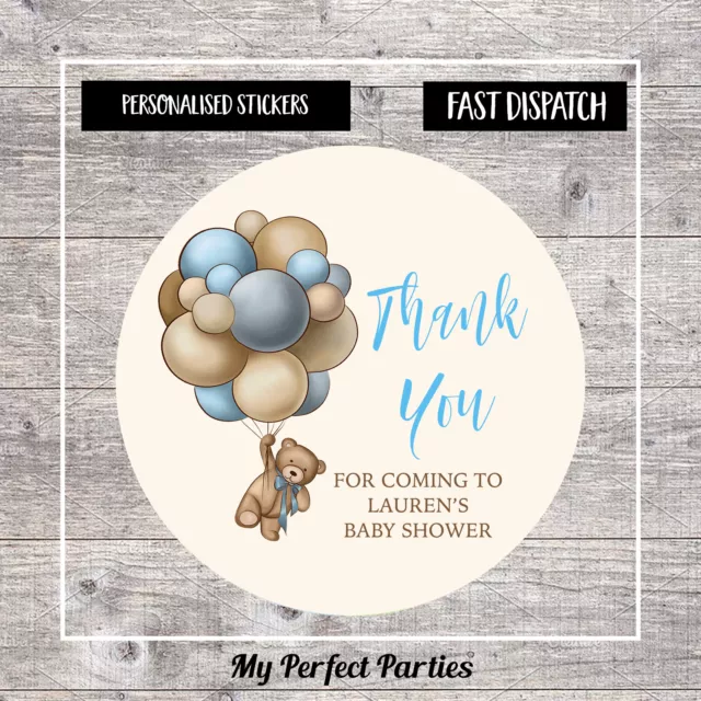 35 Personalised Blue Boy Teddy Bear Baby Shower Stickers Thank You Stickers