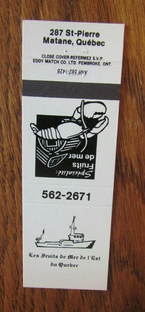 Animal Lobster Matchbook: Fruits De Mer Del'est Du Quebec (Matane) -F1