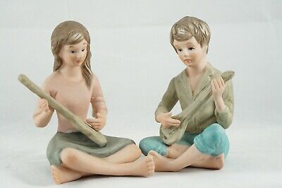 Pair Vintage Ardalt Lenwile China Boy And Girl Sitting Playing Instruments Japan
