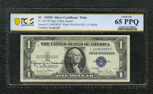 $1 Bill 1935D COURTESY AUTOGRAPH Silver Certificate Wide PCGS 65 PPQ Fr 1613W
