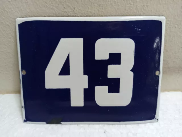 Vintage Enamel Sign Number 43 Blue House Door Street Plate Metal Porcelain Tin