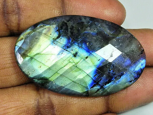 83Cts.Natural Labradorite Multi Checker Cut Oval Cabochon Loose Gemstone