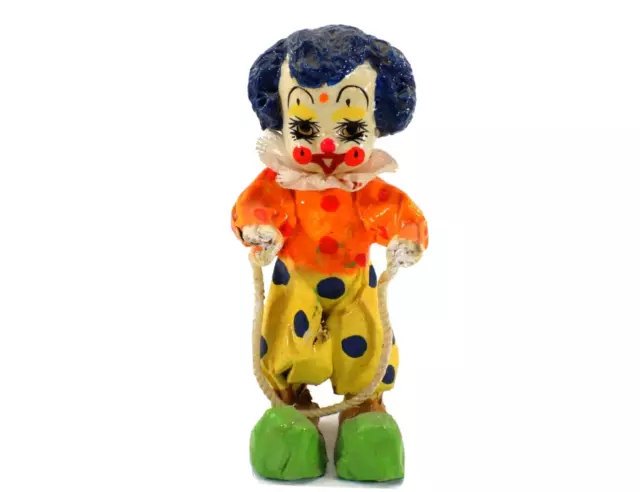 Paper Mache CLOWN w JUMP ROPE Figurine Hand Crafted Signed Vintage 1970s