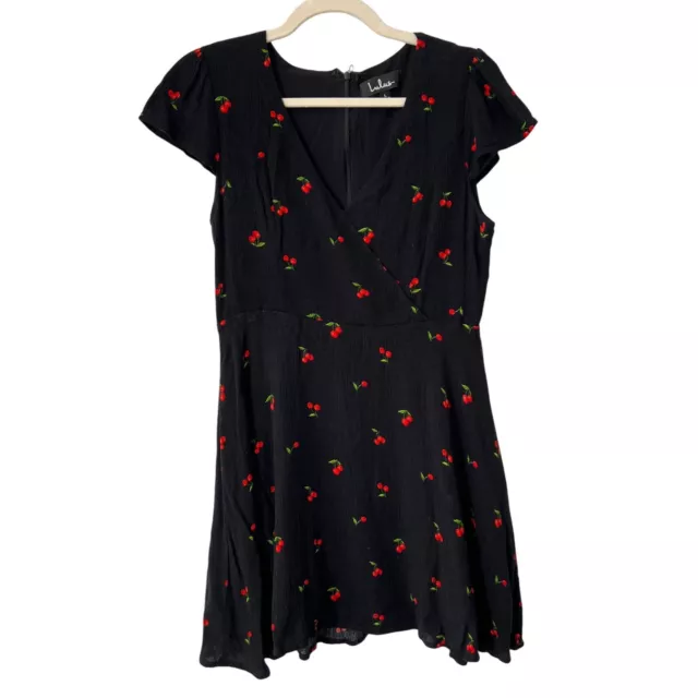 Lulus Best Day Ever Cherry Print Skater Dress Women L Black Mini Summer Trendy