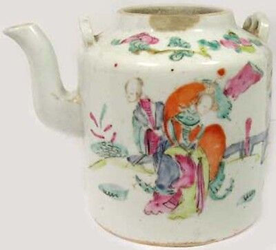 Antique 19th Century China Hand Painted Famille Rose Porcelain Teapot Park Motif