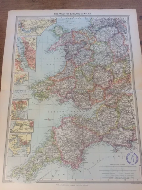 ANTIQUE 1906 HARMSWORTH colour MAP West of ENGLAND & Wales 27
