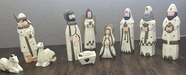 10 Piece Wooden Nativity Set Primitive Folk Art Hand Carved Hand Painted