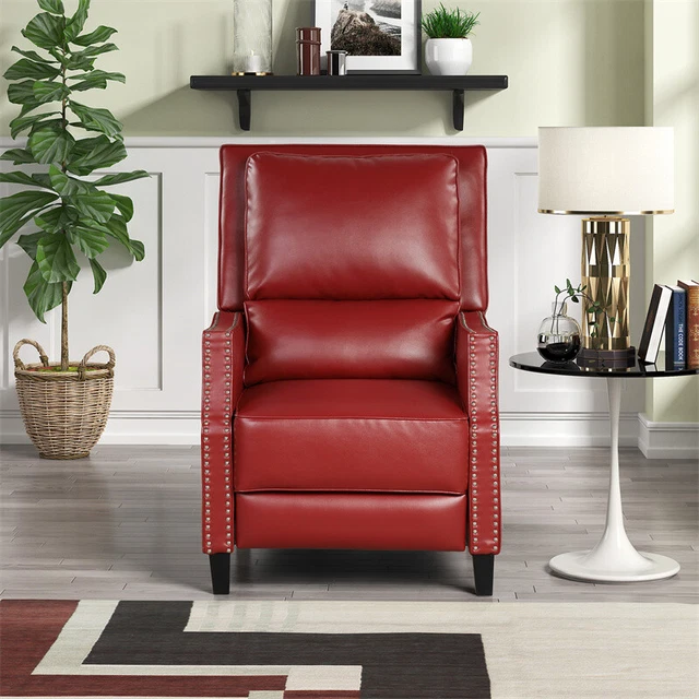 PU Push Back Recliner Chair Armchair w/ Brass Nails for Living Room Club Chair PU Push Back Recliner Chair Armchair w/ Brass Nails for Living Room Club Chair