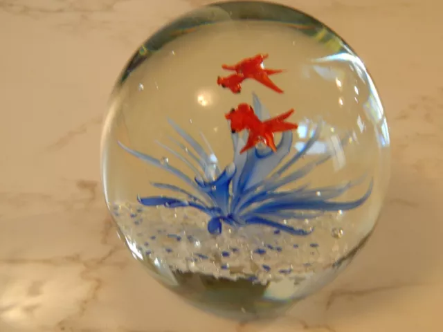 Large Round Art Glass Paperweight Controlled Bubbles Fish Aquarium Murano Style