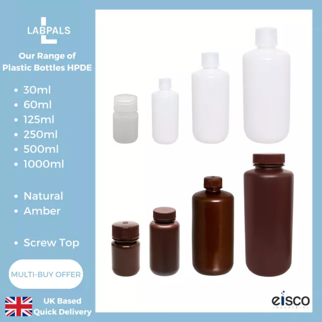 Plastic Bottles (Natural/Amber) HDPE - Screw Top Lid 30ml - 1000ml