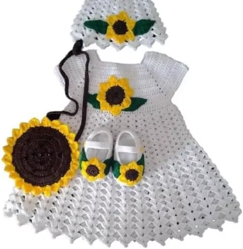 Conjunto de vestido de ganchillo para bebé recién nacido bebé niña hecho a mano conjunto tema girasol