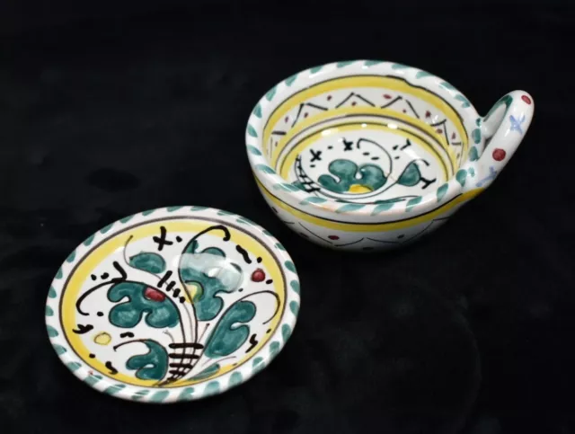 Rare Siena Italy Italian Pottery Hand Painted Cup & Saucer / Bowl Plate Floral