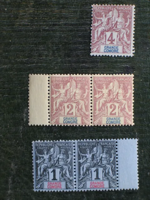 timbres Grande Comore colonies neufs gomme coloniale type Sage 1c 2c paires 4 c