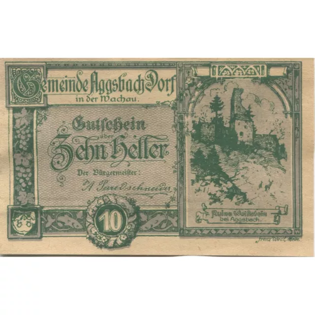 [#285075] Banknote, Austria, Aggsbach, 10 Heller, ruine, 1920, UNC Mehl:FS 8a