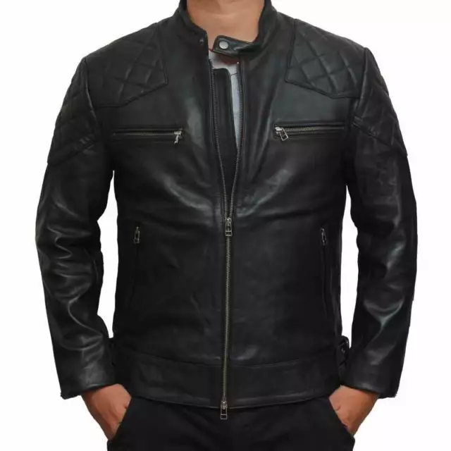 Mens Biker David Beckham Style Motorcycle Real Sheep Leather Jacket Hand Made