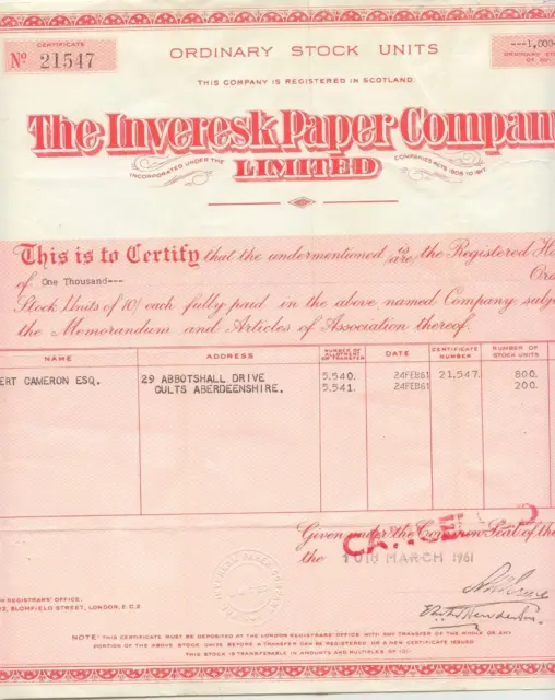 UNITED KINGDOM 1961 THE INVERESK PAPER COMPANY Ltd. Zertifikat über 1.000 Aktien 2