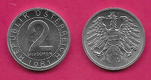 Austria 2 Groschen 1981 Unc Imperial Eagle With Austrian Shield On Breast,Ho