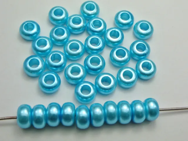 100 Sky Blue Acrylic Faux Pearl Rondelle Spacer Beads With Large 5mm Hole