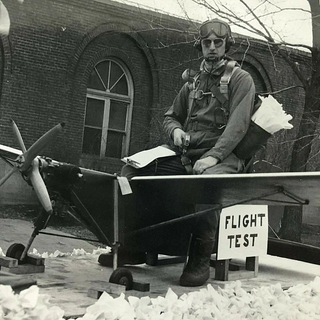 1940S FUN PHOTO Military Pilot in Faux Prop Plane Parade Float FLIGHT