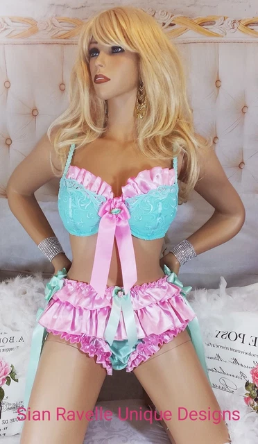 SIAN RAVELLE LUXURY Mint Pink Satin Ruffle Lace Sissy Ribbon Tie sian-ravelle-luxury-mint-pink-satin-ruffle-lace-sissy-ribbon-tie