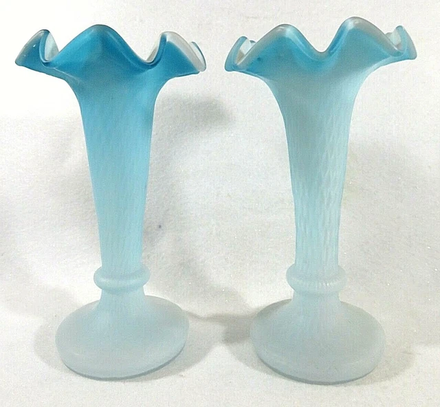 Pair of Blue on White Diamond Hand Blown Vases with Ruffled Tops