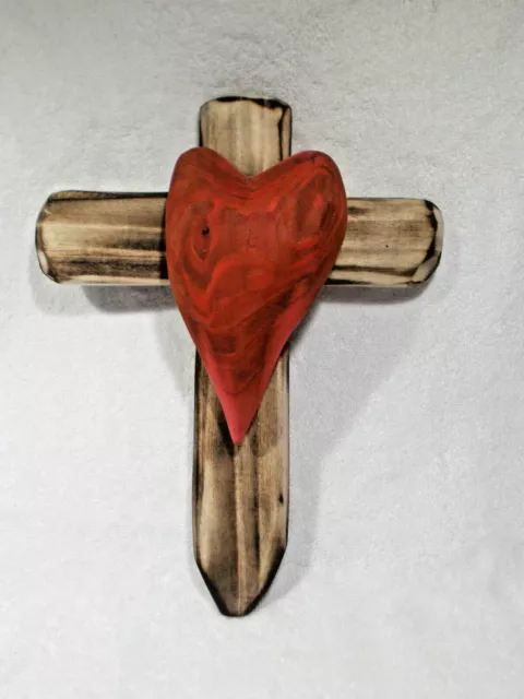 Wooden Rustic Heart On Cross Ornament  Handmade Wall Hanging   *****SALE****