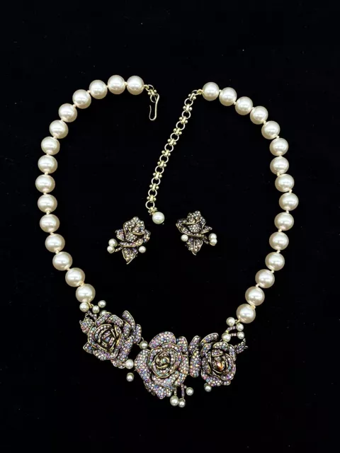 HEIDI DAUS "Sweet Rose " 3-ROSE AB Crystal Drop Simulated Pearl Necklace