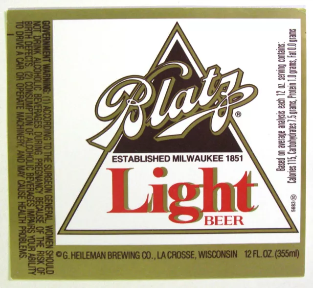 G Heileman Brewing BLATZ LIGHT BEER label WI 12oz With Govt Warning #5683