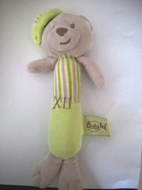 DOUDOU HOCHET BATON pouet ours vert blanc gris XII babynat