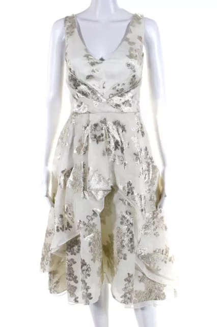 Lela Rose Womens Silk Organza Metallic V-Neck A-Line Cocktail Dress White Size 4