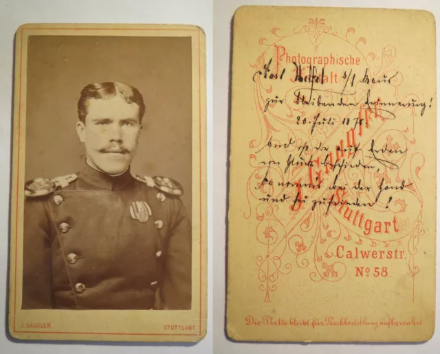 Stuttgart - 1878  Karl Helfel ? Soldat in Uniform mit Epauletten 121 Orden / CDV