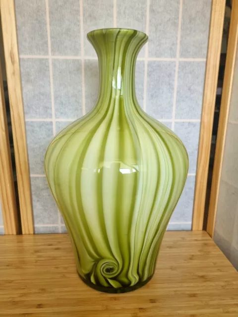 Mid Century Vase Green Art Glass Large Heavy Stripe Swirl Curved Design 16" Tall