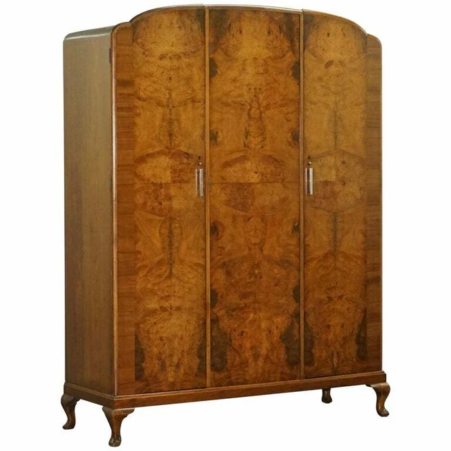 Stunning 1932 Waring & Gillow Burr Walnut Triple Bank Wardrobe With Mirror