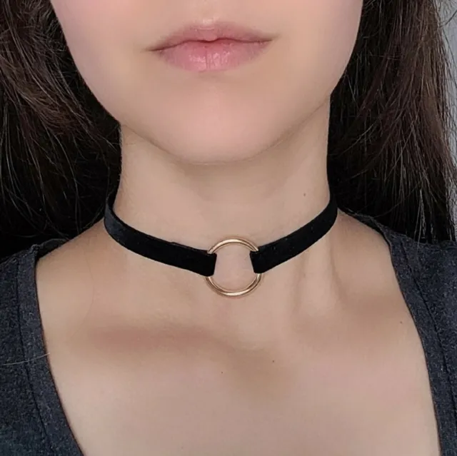 Silver or Gold O Ring Choker Black Velvet Collar Necklace 90s Goth Punk Jewelry