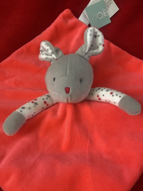 🇫🇷 Doudou Obaibi Okaidi Lapin Plat Blanc Rouge Etoile Gris  100 % Neuf 2